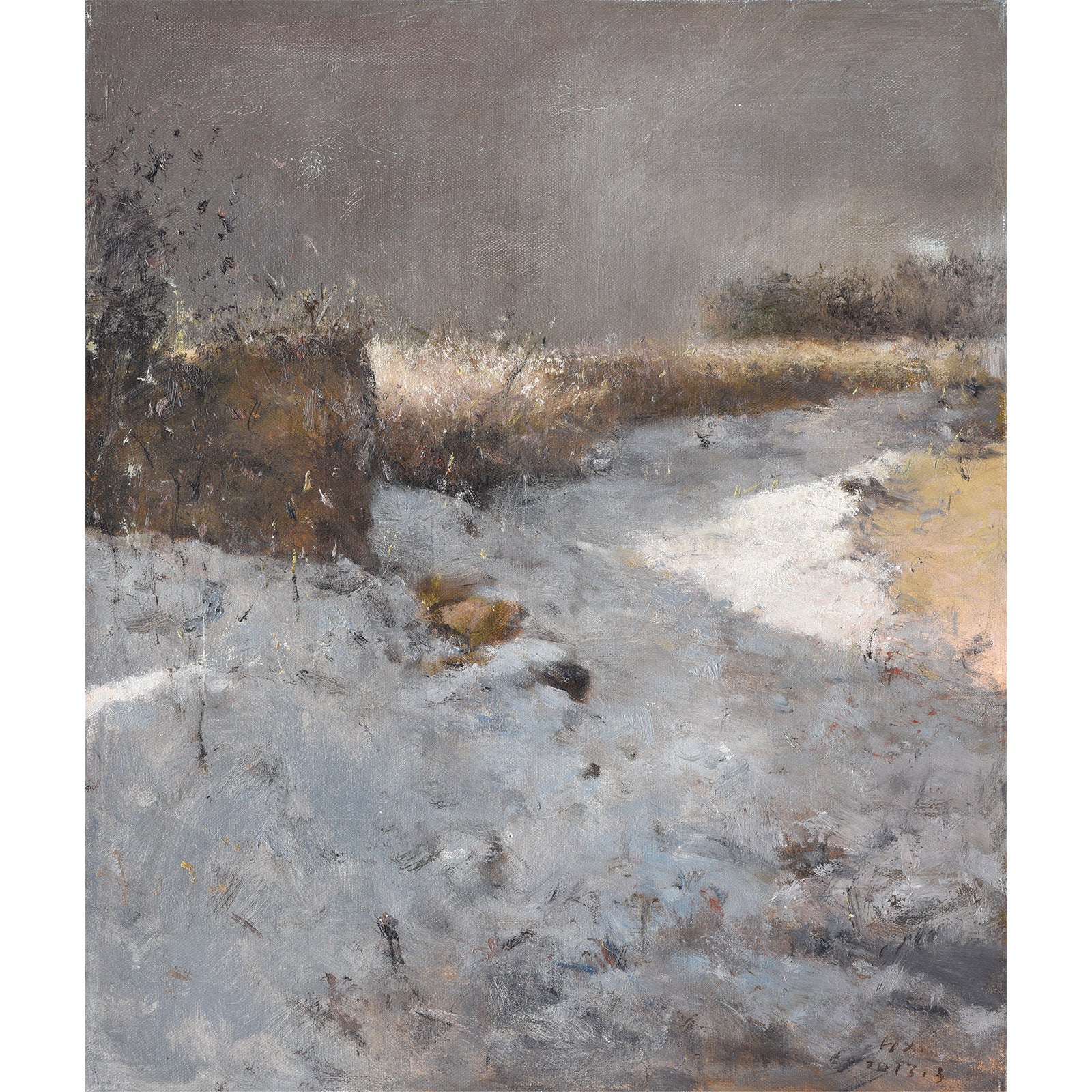 Original oil painting of a winter field with snow, dry grass, and textured surface