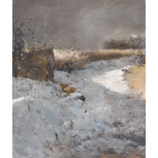 Original oil painting of a winter field with snow, dry grass, and textured surface