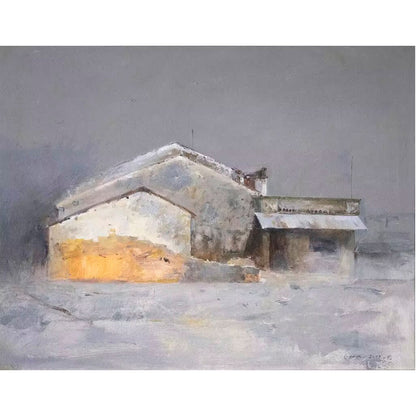 Original oil painting of a winter house in snow with warm light glowing from inside