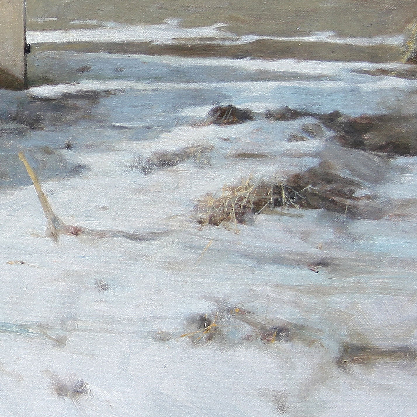 Detail of winter landscape painting with water and minimal composition