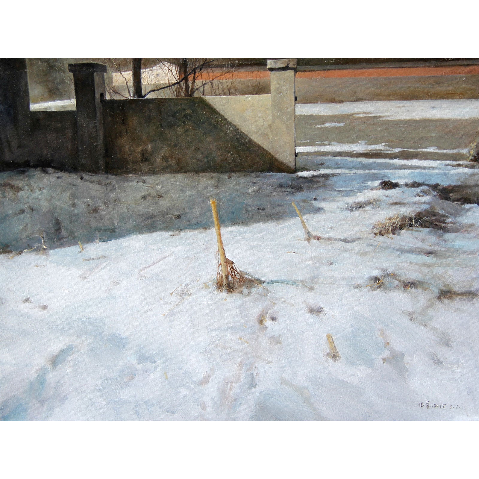 Original oil painting of a winter landscape with snow, water, and concrete structure