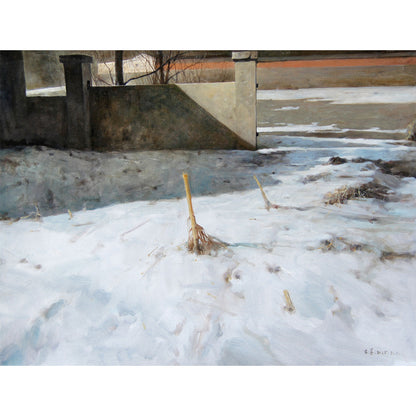 Original oil painting of a winter landscape with snow, water, and concrete structure