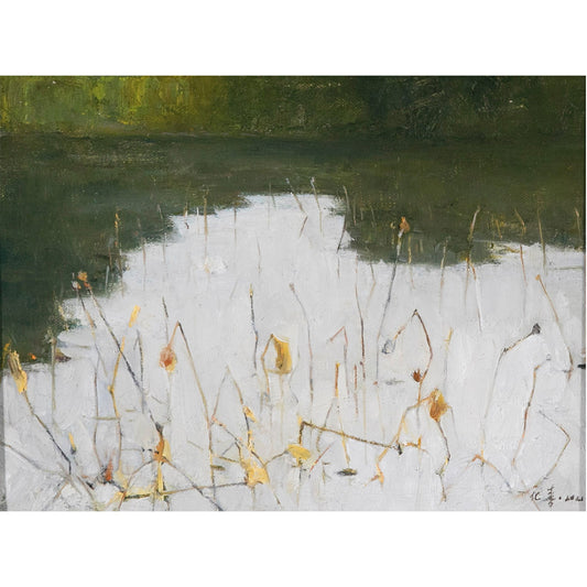 Original oil painting of a winter lotus pond with dried lotus stems and water reflections