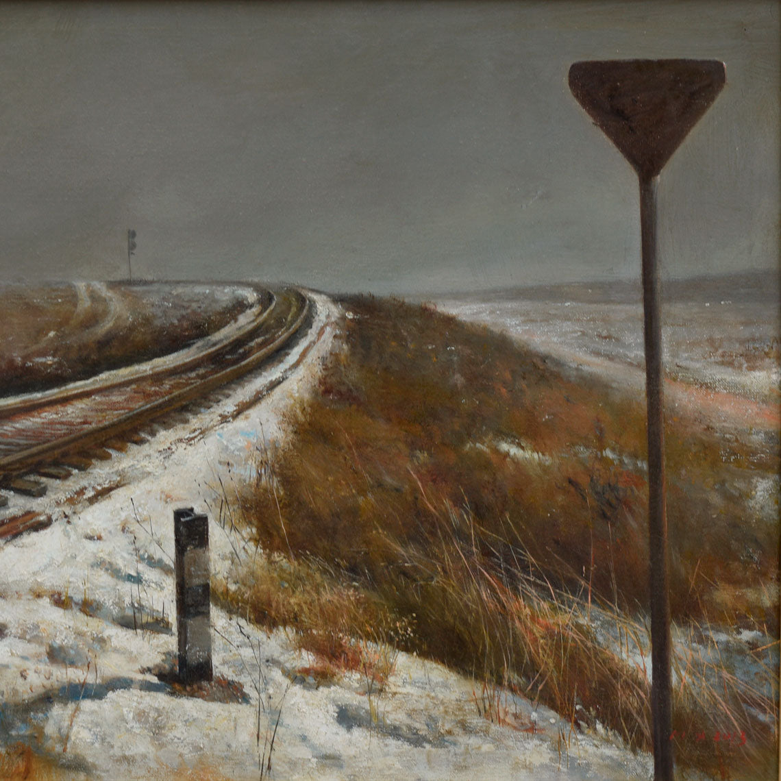 Snowy railway landscape original oil painting with tracks leading into distance