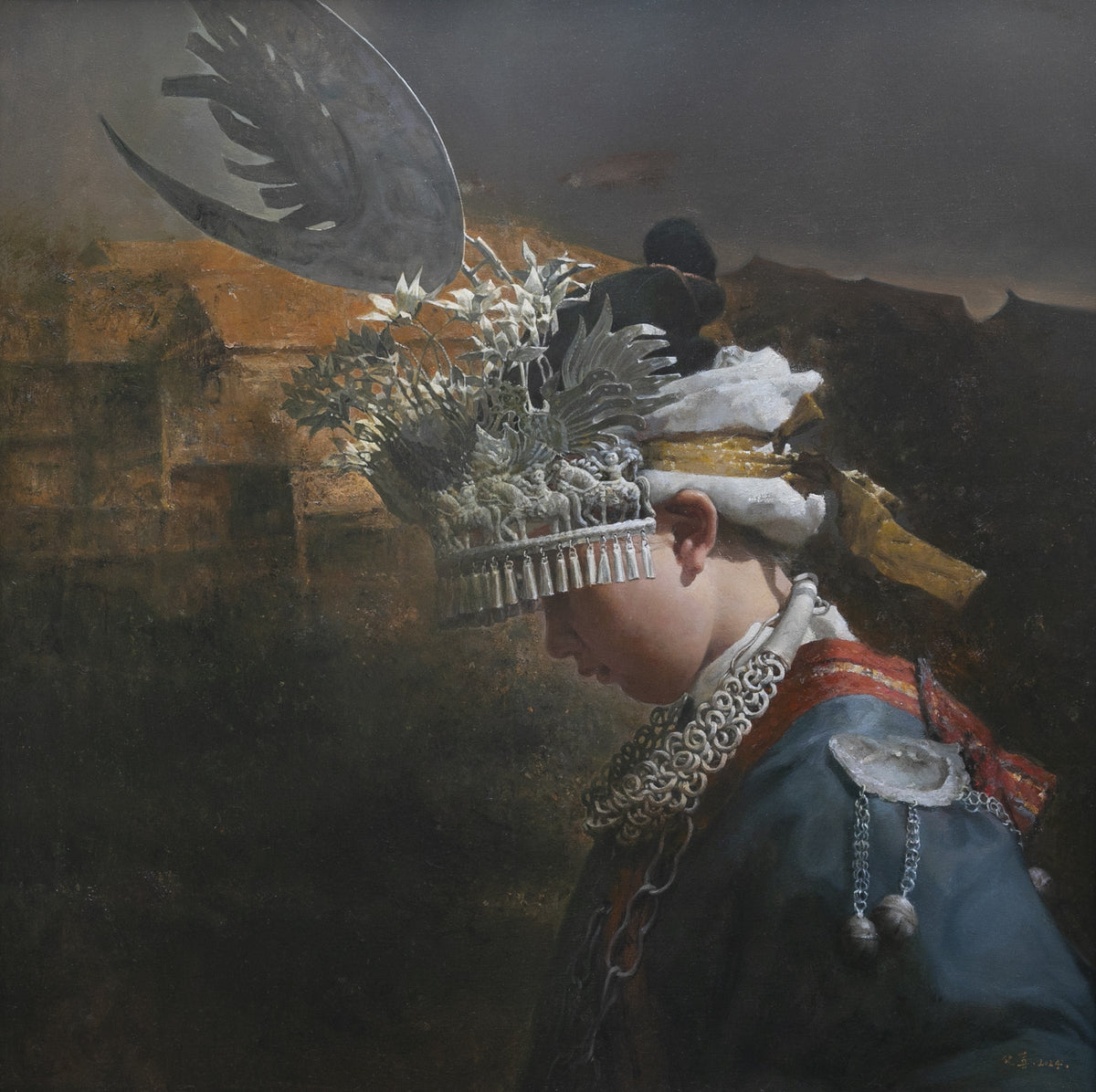Woman portrait oil painting of a Miao woman in profile by Yang Huaxi