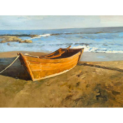 Original oil painting of a wooden boat on the beach with blue sea and waves in sunlight