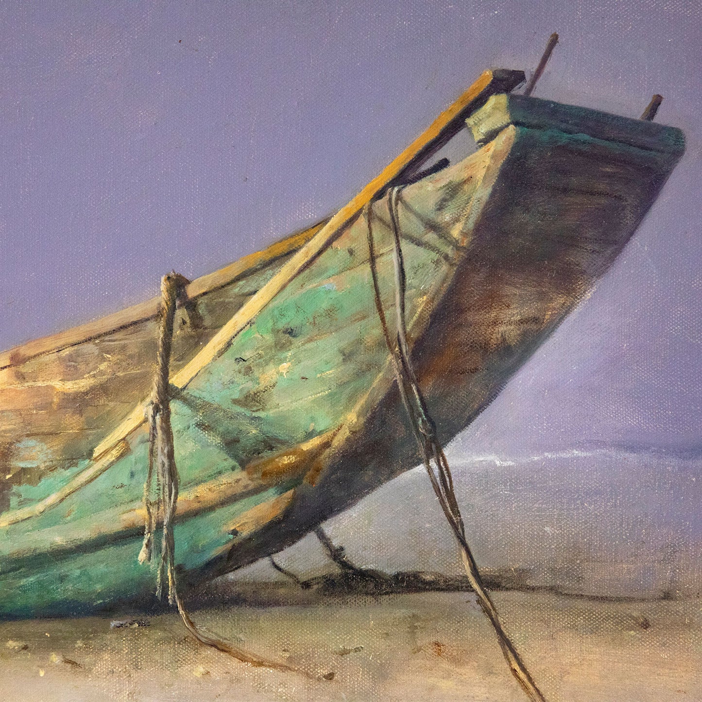 Close-up of oil painting showing textured wooden boat surface