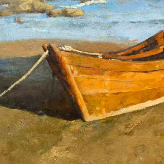 Close-up of oil painting showing wooden boat texture and brushwork