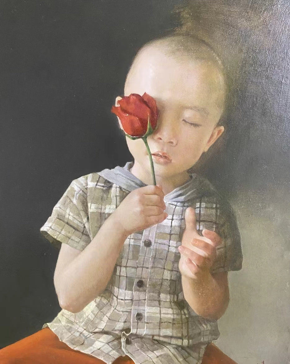 Boy with a Red Rose, original figurative oil painting by Yang Huaxi