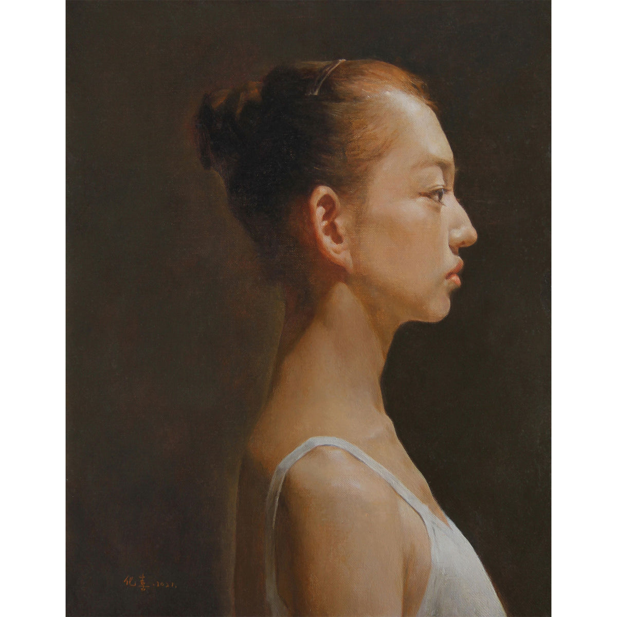 Quiet Profile, original figurative portrait oil painting of a young dancer by Yang Huaxi