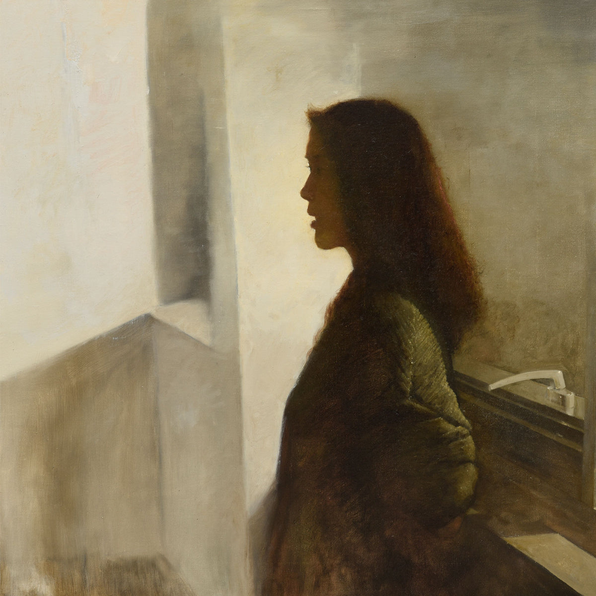 Woman in backlight original figurative oil painting by Yang Huaxi