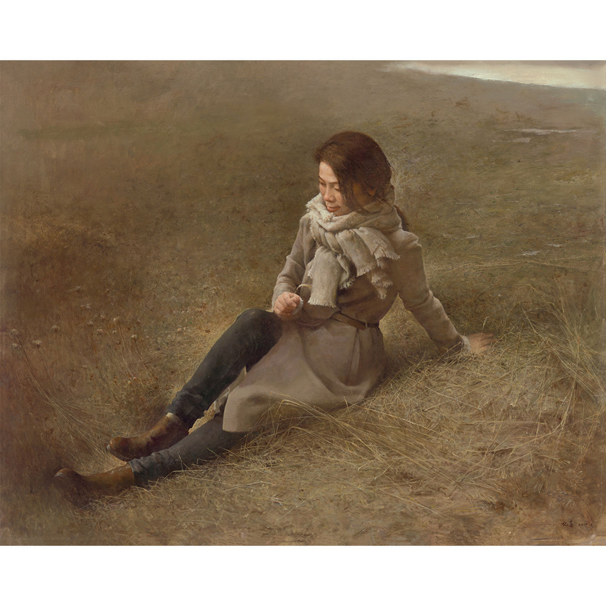 Woman seated in a field original figurative oil painting by Yang Huaxi