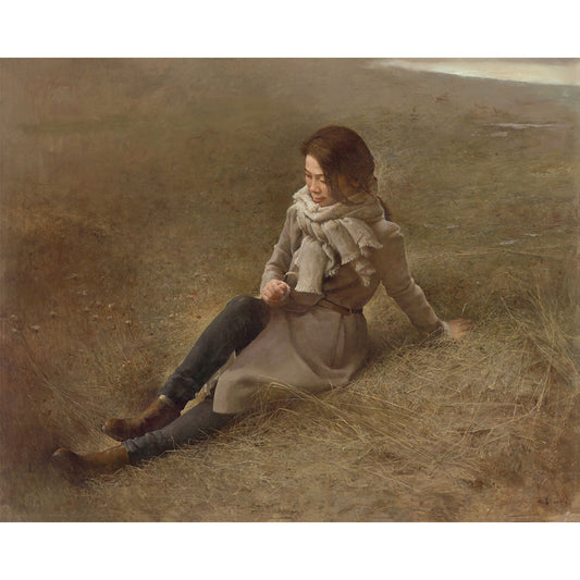 Woman seated in a field original figurative oil painting by Yang Huaxi
