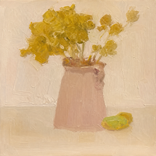 Original oil painting featuring yellow flowers arranged in a soft pink vase. A light and elegant still life composition with warm tones and expressive brushwork.