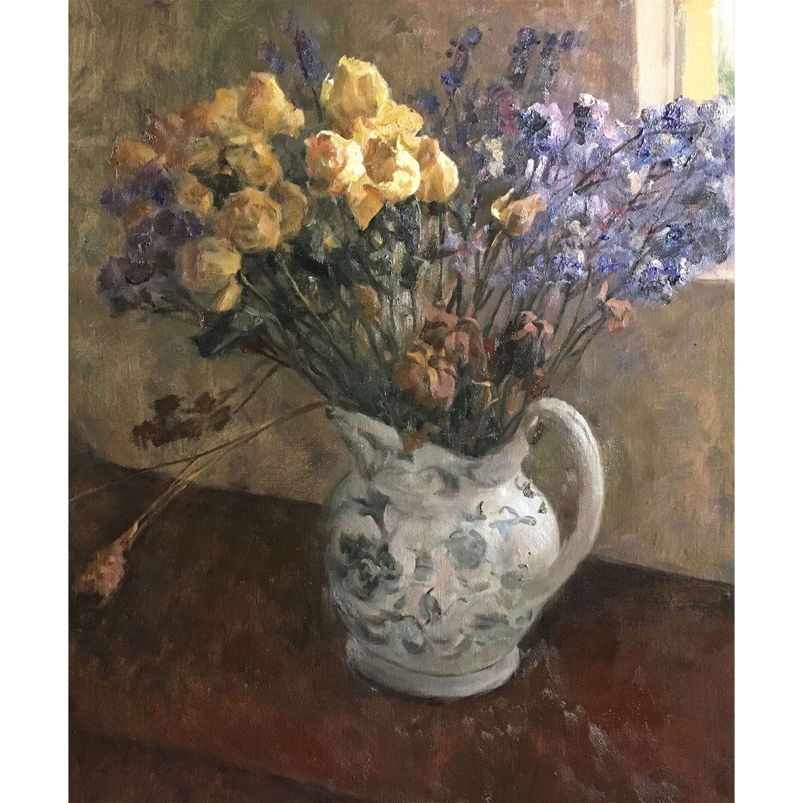 Original oil painting of yellow roses and purple flowers in a ceramic pitcher with warm light